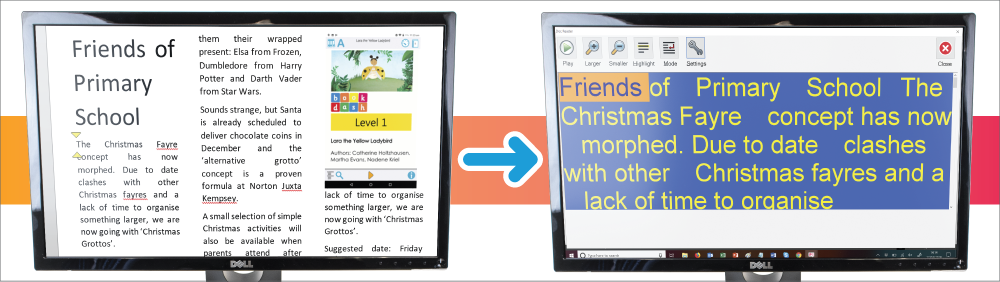 The left screen shows a word document magnified. The right screen shows the same document shown in Doc Reader. 